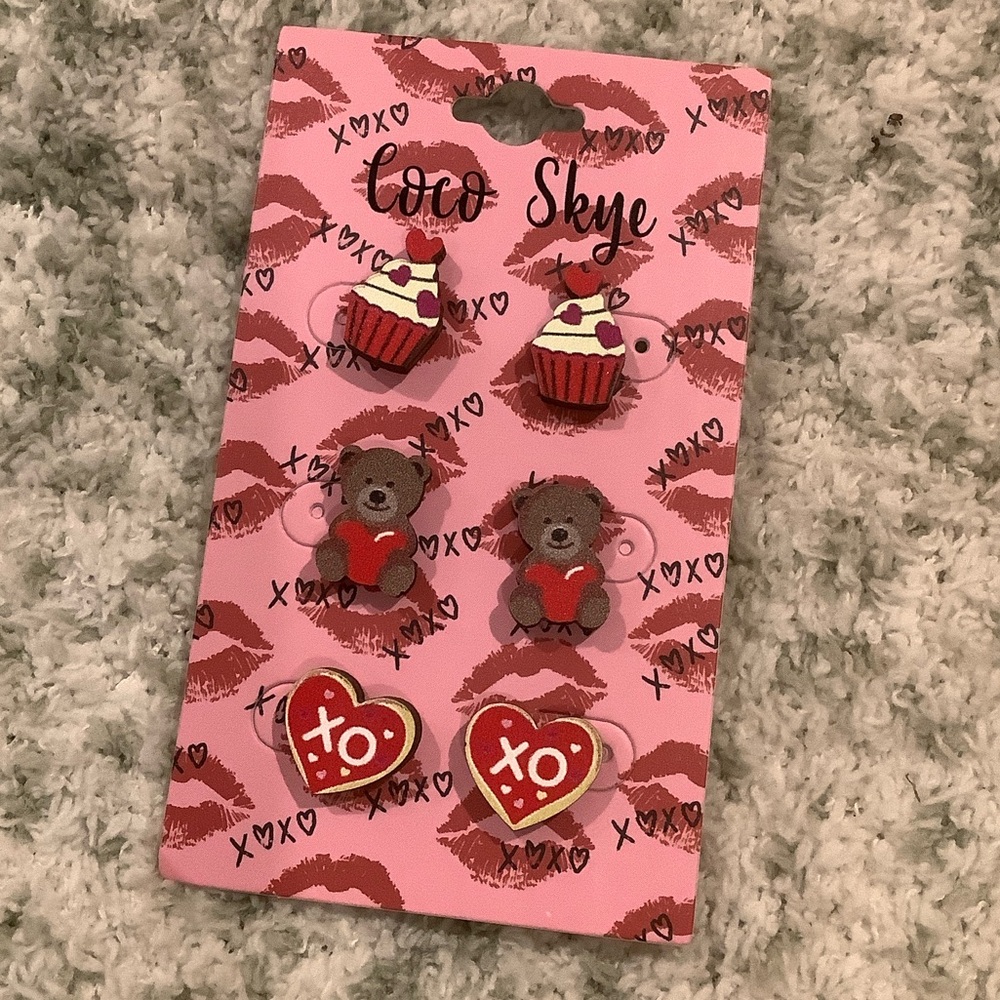 Coco Skye Wooden Valentine's Day Stud Earrings Trio Set NWT